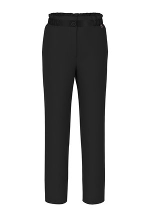 Black pants with a gathered elastic waistband and a button closure. Made from a smooth material, featuring straight legs and no visible patterns.