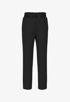 Black pants with a gathered elastic waistband and a button closure. Made from a smooth material, featuring straight legs and no visible patterns.