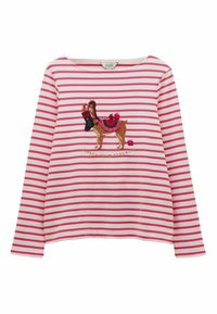 Dlhý rukáv košele s bielymi a ružov�ými pruhmi, s vyšívanou lamou nesúcou pančuchu a darčeky na hrudi.