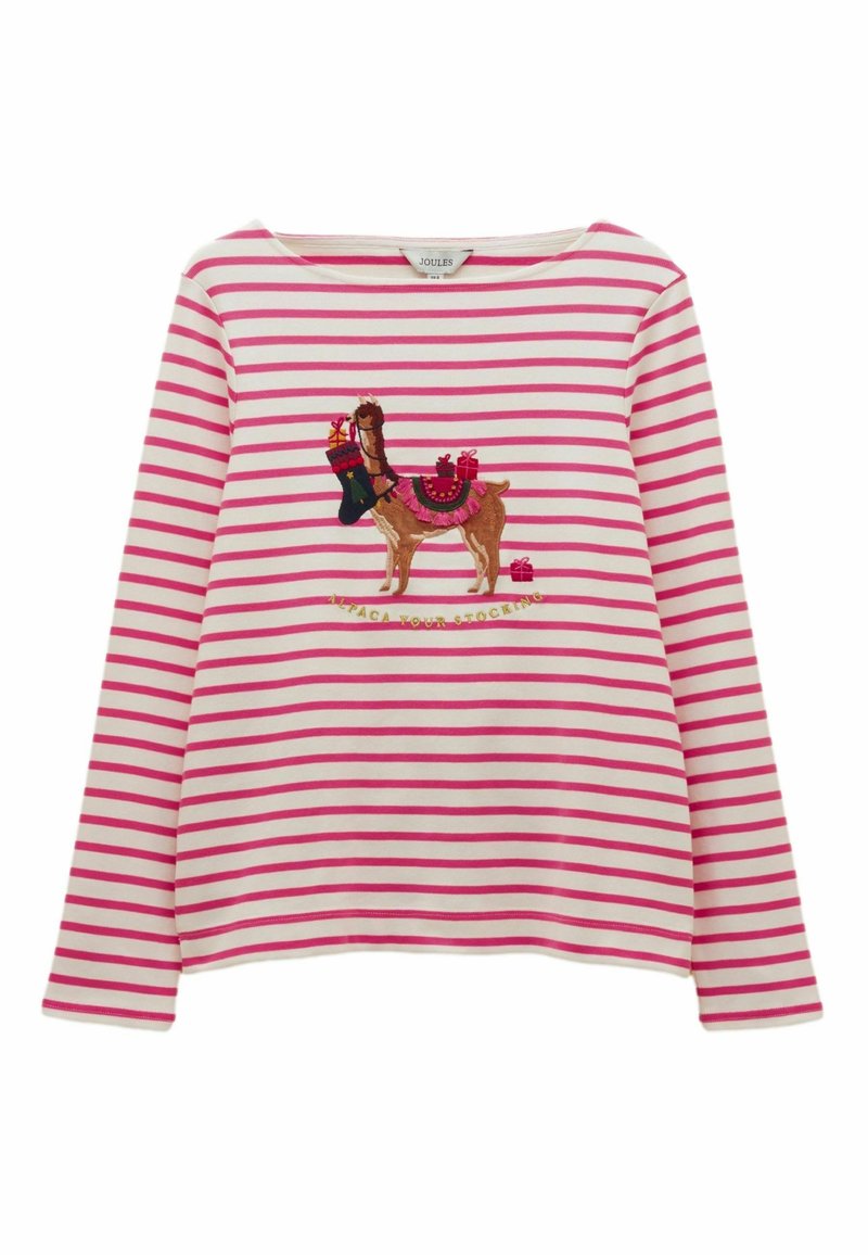 Dlhý rukáv košele s bielymi a ružovými pruhmi, s vyšívanou lamou nesúcou pančuchu a darčeky na hrudi.