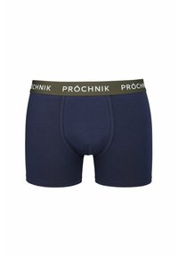 Granatowe bokserki wykonane z miękkiego materiału z zielonym paskiem w talii z napisem "PRÓCHNIK" na białym tle. Posiadają dopasowany krój i gładką fakturę.