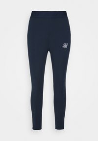 Leggings marinos con un diseño ajustado, fabricados con tela suave. Presentan un logo en el muslo y una cinturilla elástica con la marca "SikSilk".