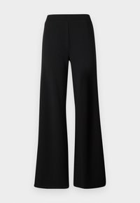 Pantalon noir à jambes larges avec une taille haute et un devant lisse et sans coutures sur un fond clair uni.