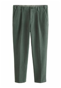 Grüne Baumwollhose mit glatter Textur, ausgestattet mit einem Knopfverschluss, zwei vorderen Taschen und einer taillierten Passform.