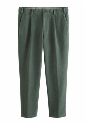 Green cotton trousers with a smooth texture, featuring a button closure, two front pockets, and a tailored fit.