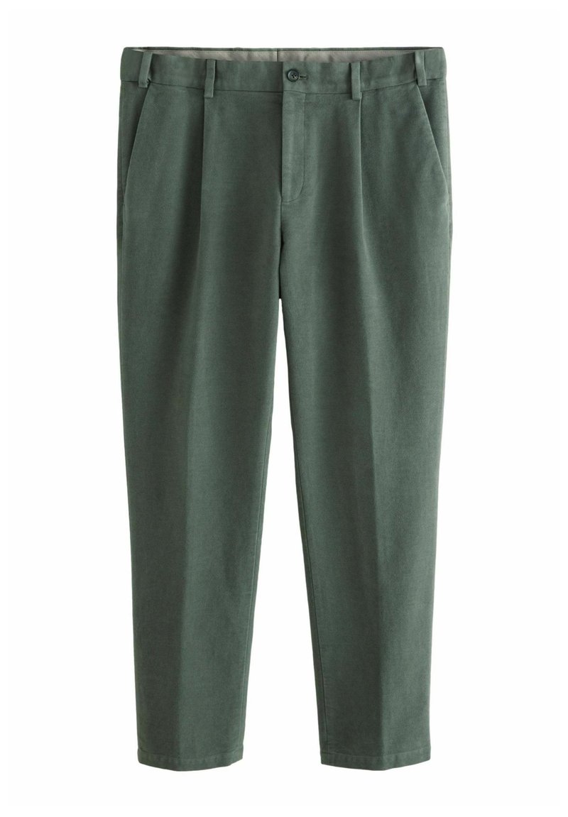 Grüne Baumwollhose mit glatter Textur, ausgestattet mit einem Knopfverschluss, zwei vorderen Taschen und einer taillierten Passform.