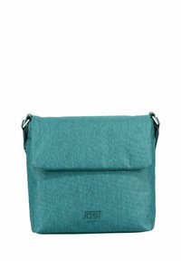 Teal crossbody bag with a textured finish, flap closure, and a logo on the front. Adjustable strap and sturdy fabric material.