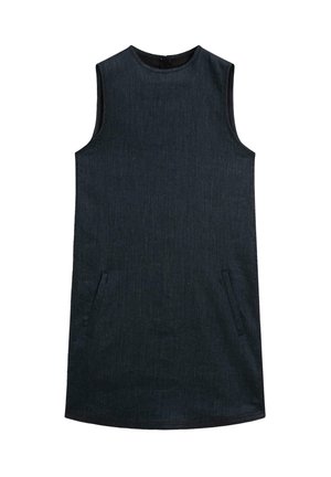 Mouwloze spijkerjurk in donkerblauw, met twee zijzakken, een ronde halslijn en een rechte silhouet met een gladde textuur.