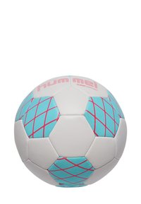 Trainingsball mit einer weißen Oberfläche, die mit türkisfarbenen Flecken und roten Diamantmustern verziert ist. Der Markenname ist in Pink oben aufgedruckt.