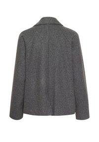 Grau Wollmantel mit klassischem Kragen, der eine strukturierte Oberfläche und eine gerade Silhouette aufweist, zeigt die Rückansicht ohne sichtbare Verschlüsse.