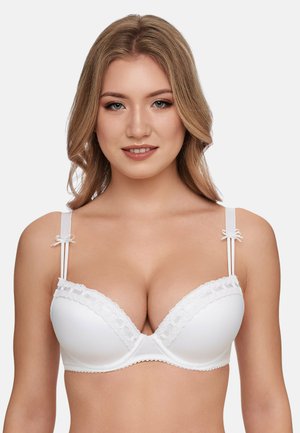 White bra with padded, plunge design, lace trim along the edges, adjustable straps with small bows, soft matte texture.