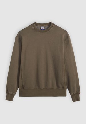 Olivgrön sweatshirt i bomull, med rund halsringning, långa ärmar och en liten präglad logga på bröstet. Slät textur.