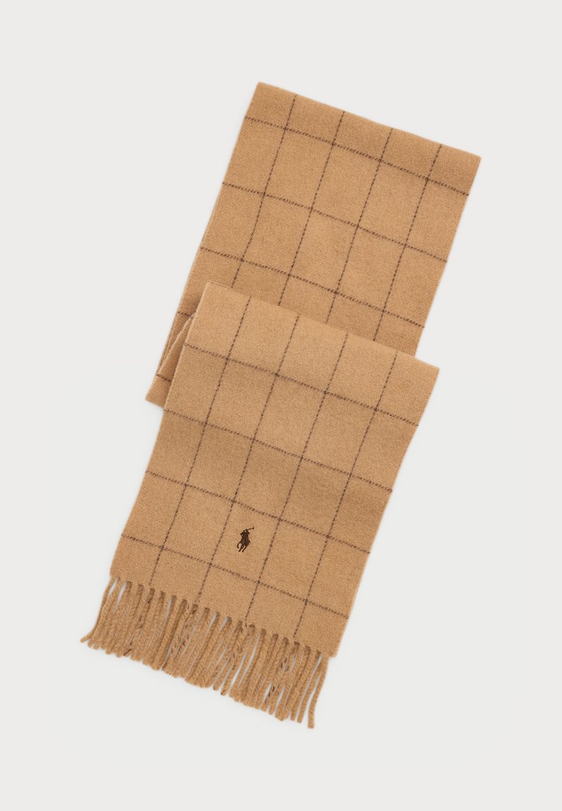 Écharpe en laine beige avec un motif à carreaux marron, finie par des franges à une extrémité. Présente un petit logo près du bord.