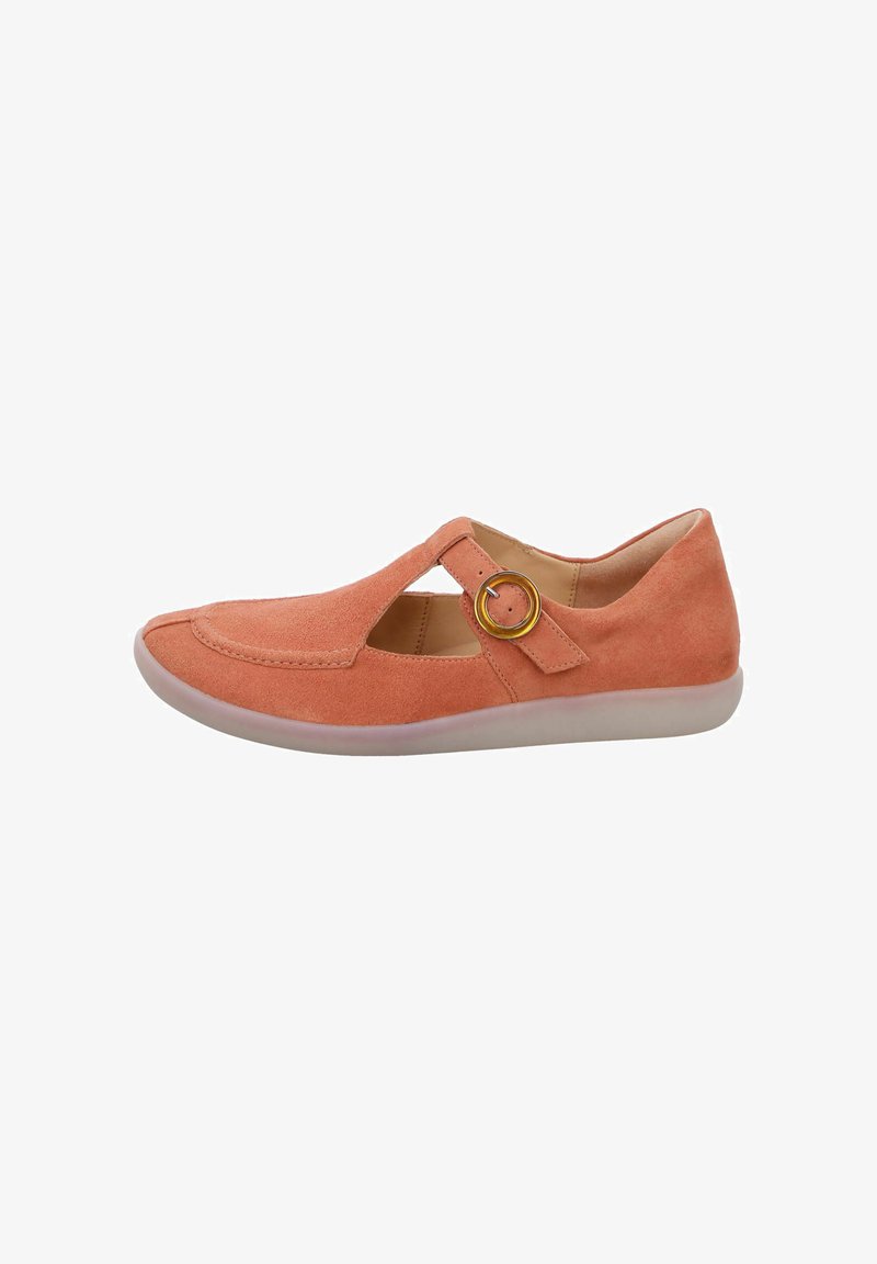 Coral suede shoe with a rounded toe, cut-out design, and circular hardware accent on the strap. Features a flexible, light-colored sole.