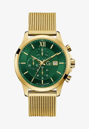 Orologio in acciaio inossidabile placcato oro con cinturino a maglia, quadrante verde testurizzato, numero romano XII, sottodial cronografici e finestra della data alle 3.