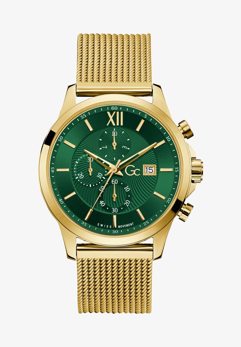Auksinės spalvos nerūdijančio plieno tinklelio laikrodis su žaliu tekstūruotu ciferblatu, Romėnišku numeriu XII, chronografu ir datos langeliu 3 valandą.