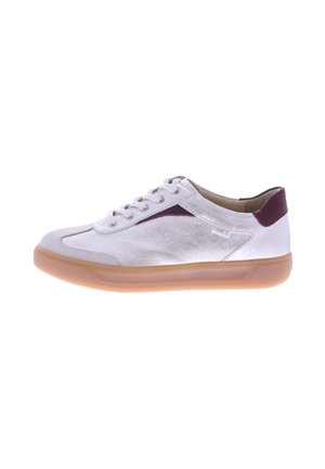 White suede low-top sneakers with a burgundy accent, round toe, and a light tan rubber sole. Features standard lace closure.