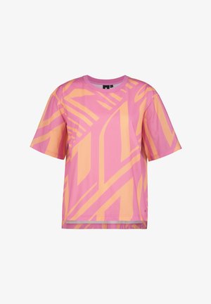 Kortærmet T-shirt i pink og gul med et geometrisk mønster. Lavet af glat stof, har en rund halsudskæring og en afslappet pasform.