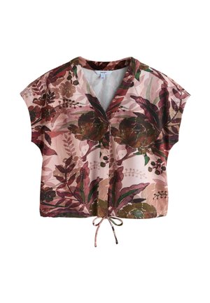 Floral print short-sleeve blouse in soft fabric; features a v-neck, drawstring hem, and multicolored leaves and flowers on a pink background.