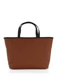 Brązowa torba na ramię z czarnymi wykończeniami, wykonana z wytrzymałego materiału syntetycznego. Posiada dwie mocne uchwyty oraz przeszyte boki dla lepszej struktury.