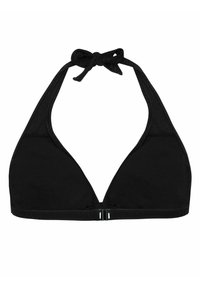 Sort bikini-top med halterneck-design. Har trekantede kopper, justerbare bindebånd og en metalspænde lukning på bagsiden.