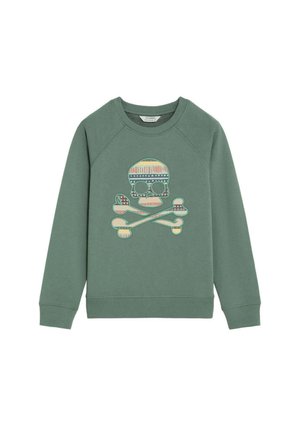 Sudadera verde apagado de manga larga con cuello redondo y un diseño estampado de calavera y huesos cruzados en la parte delantera.