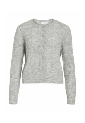 Grå ribbet cardigan med lange ærmer og rund halsudskæring, med fem knapper fortil til lukning. Blødt, struktureret stof.