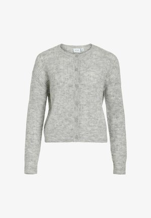 Sivi rebrasti kardigan s dugim rukavima i zaobljenim dekolteom, s pet dugmadi sprijeda za zatvaranje. Mekani, teksturirani materijal.