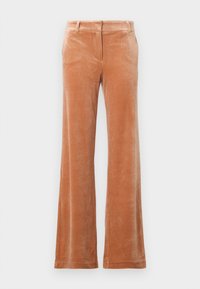 Pantalones de pierna ancha de tiro alto en suave tejido de terciopelo, color caramelo cálido, con presillas para el cinturón y cierre frontal oculto.