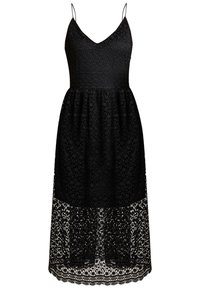 Svart klänning med spagettiremmar, med en texturerad liv och en spetskant, som visar intrikata blommönster i botten.