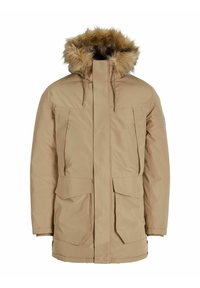 Parka beige con cappuccio foderato in pelliccia, due ampie tasche frontali, chiusura frontale con zip e coulisse regolabili al colletto e in vita.