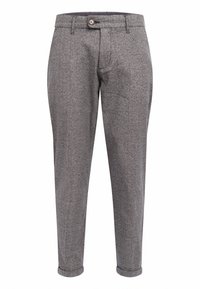 Grijze geruite broek van een textuurstof, met een knoopsluiting, riemlussen en opgerolde manchetten. De binnenkant heeft een stippenpatroon.