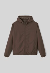 Veste légère brun avec une capuche, des poignets et un ourlet élastiques. Dotée d'une fermeture éclair à l'avant et de poches latérales. Texture de tissu lisse.