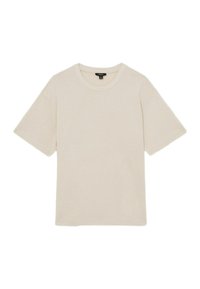 Tricou scurt cu mânecă, de culoare bej, confecționat din bumbac, cu decolteu rotund și o siluetă lejeră cu o textură netedă. Fără modele sau accente.