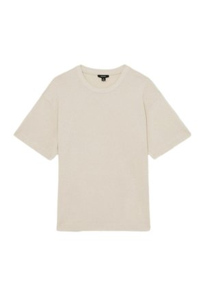 Tricou scurt cu mânecă, de culoare bej, confecționat din bumbac, cu decolteu rotund și o siluetă lejeră cu o textură netedă. Fără modele sau accente.