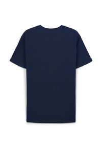 Maglietta corta blu navy senza maniche mostrata dal retro su sfondo bianco.