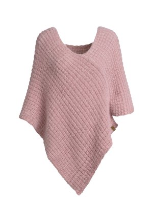Poncho en tricot rose doux avec un motif texturé, des manches courtes et un design drapé diagonal.
