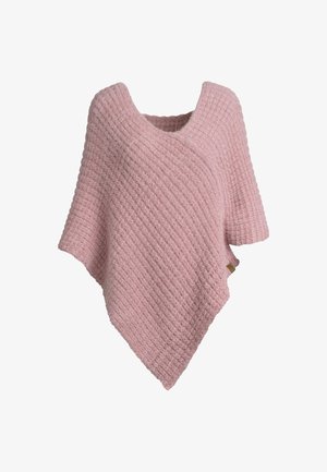Poncho de punto suave en color rosa, con un patrón texturizado, mangas cortas y un diseño drapeado en diagonal.
