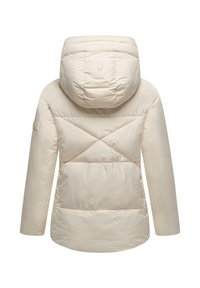Cream-colored padded jacket with a hood. Features diagonal quilted pattern, logo on sleeve, and smooth, shiny texture.