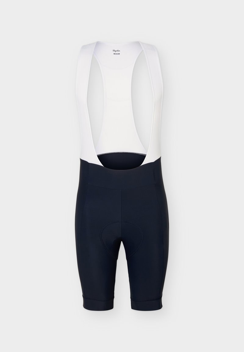 Black cycling bib shorts with white mesh shoulder straps and padded seat area, designed for medium size.