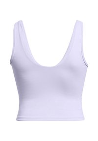 Top aderente di colore viola chiaro, con scollatura a giro. Realizzato in tessuto morbido e elasticizzato. Presenta spalline larghe e una lunghezza cropped.