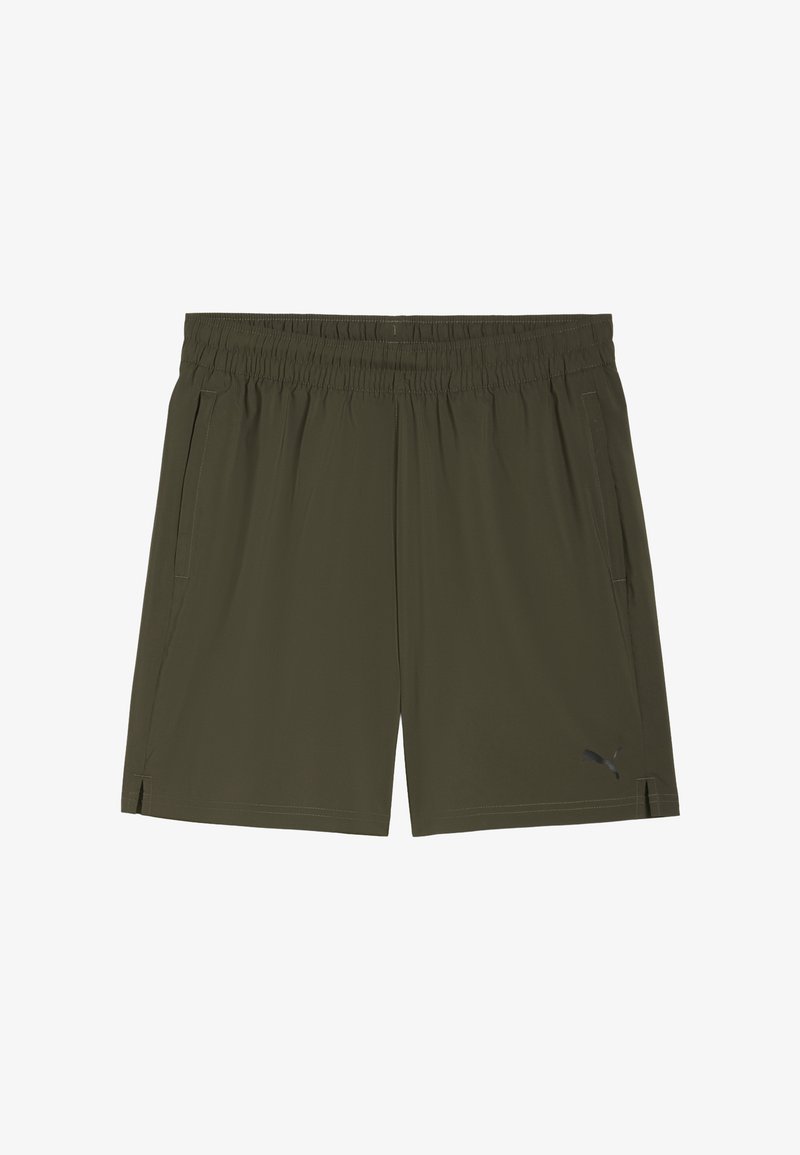 Shorts de sport pour hommes en vert olive foncé, fabriqués en tissu léger. Présentent une ceinture élastique, des poches latérales et un discret logo.
