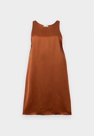 Braunes Satin-Kleid ohne Ärmel mit rundem Ausschnitt, entspannter Passform und glatter Textur. Keine sichtbaren Muster oder Hardwaredetails.