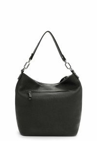 Borsa a mano in pelle nera strutturata con una singola tasca frontale con zip e una tracolla staccabile con fibbie metalliche.