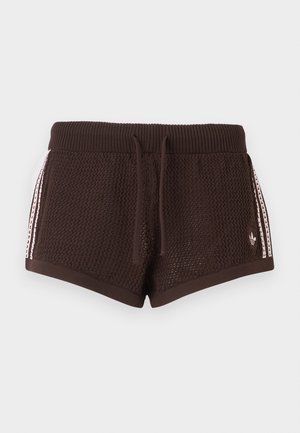 Dark brown knit shorts with ribbed waistband, front drawstrings, and white side stripes featuring a small Adidas logo on the right leg.