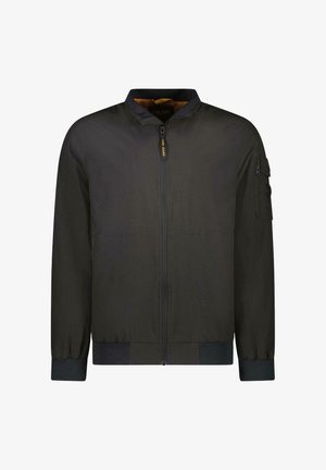 Zwarte bomberjack gemaakt van lichtgewicht nylon, voorzien van een ritssluiting, geribbelde manchetten en een zijzak met knoopsluiting.