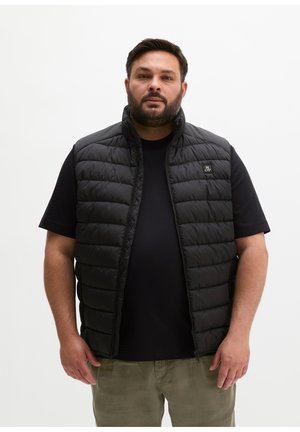 Bärtiger Mann, der eine schwarze gesteppte Weste über einem schwarzen T-Shirt und olivgrünen Hosen trägt, steht vor einem schlichten weißen Hintergrund.