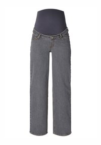 Grå denim gravidjeans med breda ben, med ett stretchigt svart midjeband och detaljer i kopparstickning.