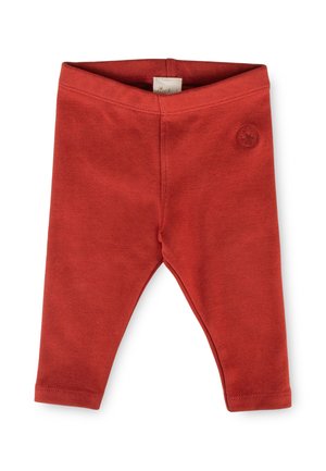 Rote Baby-Leggings mit elastischem Bund und kleinem besticktem Logo am oberen linken Oberschenkel, dargestellt vor weißem Hintergrund.