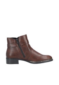 Bottine en cuir marron avec une fermeture éclair sur le côté, un petit talon, un bout arrondi et une sangle décorative autour de la cheville. Texture lisse.